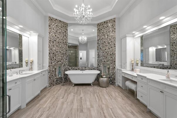 Bedroom, Chandelier, Interior, Recessed Lighting, Water, Wood Texture Flooring