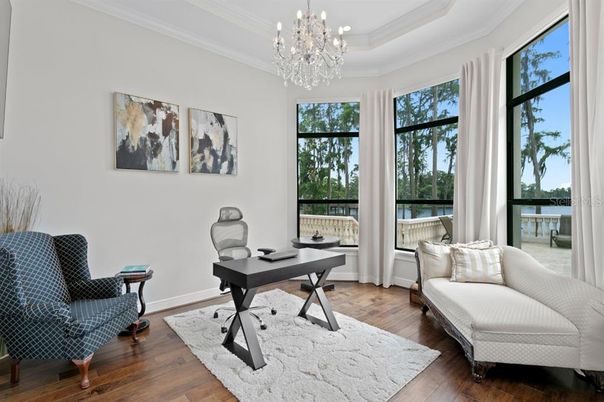 Chandelier, Home Office, Interior, Wood Texture Flooring