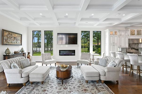 Chandelier, Interior, Kitchen, Living room, Recessed Lighting, Stainless Steel Appliances, Wood Texture Flooring