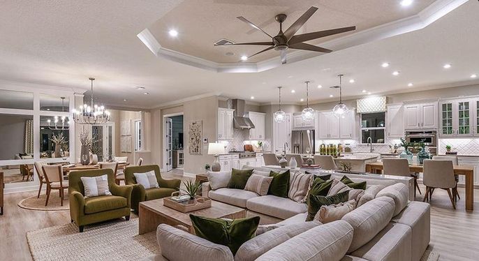 Chandelier, Dining room, Interior, Kitchen, Living room, Pendant Lights, Recessed Lighting, Stainless Steel Appliances, Wood Texture Flooring
