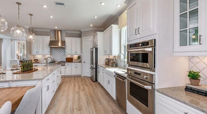 Interior, Kitchen, Pendant Lights, Recessed Lighting, Stainless Steel Appliances, Wood Texture Flooring