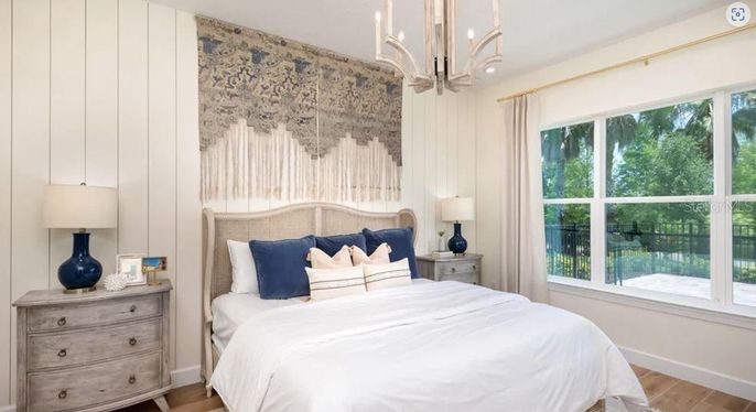 Bedroom, Interior, Pendant Lights, Wood Texture Flooring