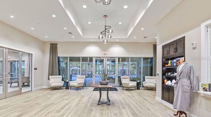 Interior, Living room, Pendant Lights, Recessed Lighting, Wood Texture Flooring
