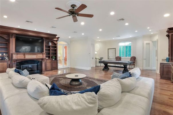 Fireplace, Interior, Kitchen, Living room, Recessed Lighting, Stainless Steel Appliances, Wood Texture Flooring