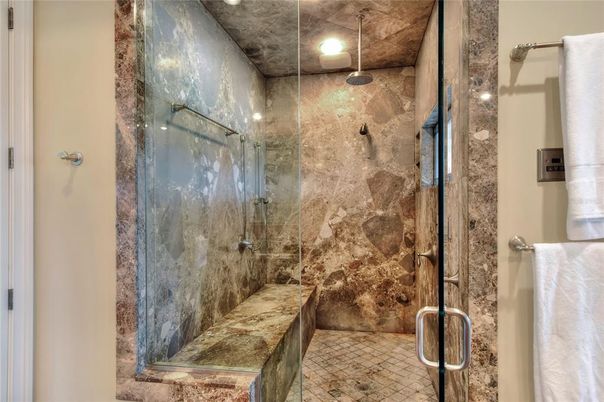 Bathroom, Glass Shower, Interior, Recessed Lighting, Wood Texture Flooring