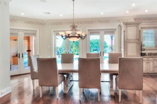 Billiard Table, Chandelier, Dining room, Game Room, Interior, Recessed Lighting, Wood Texture Flooring