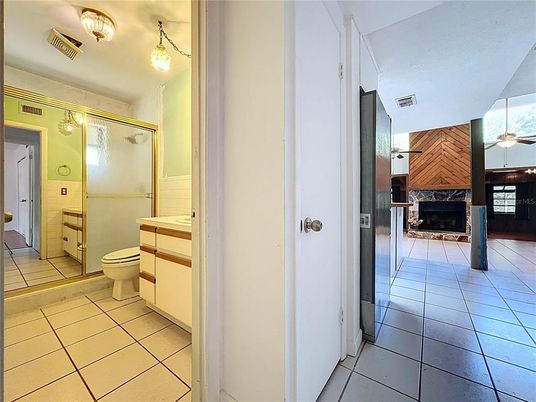 Bathroom, Fireplace, Glass Shower, Interior