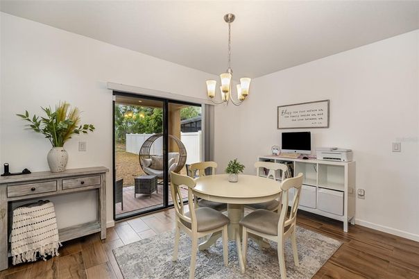 Dining room, Interior, Pendant Lights, Wood Texture Flooring