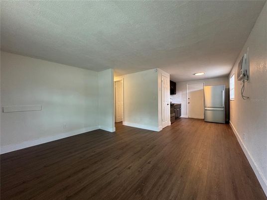 Empty room, Interior, Kitchen, Recessed Lighting, Wood Texture Flooring