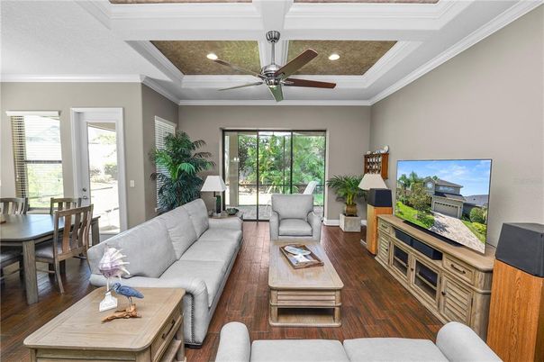 Dining room, Interior, Living room, Recessed Lighting, Wood Texture Flooring