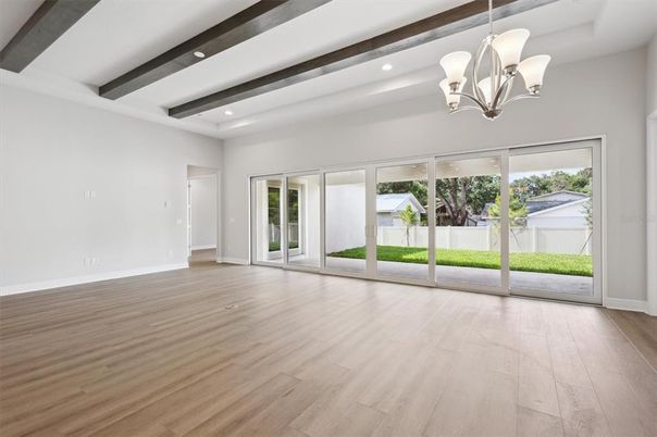 Chandelier, Empty room, Interior, Recessed Lighting, Wooden Beams, Wood Texture Flooring