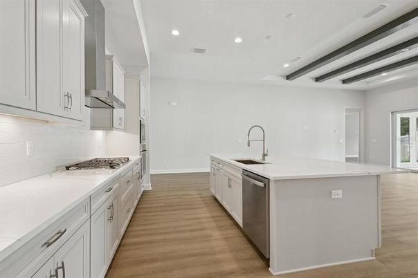 Interior, Kitchen, Recessed Lighting, Stainless Steel Appliances, Wooden Beams, Wood Texture Flooring