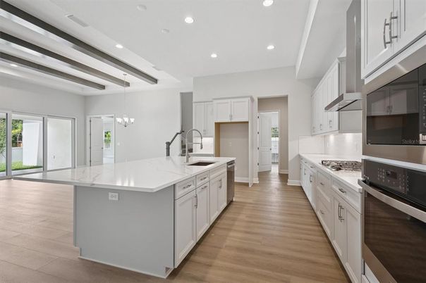 Interior, Kitchen, Pendant Lights, Recessed Lighting, Stainless Steel Appliances, Wood Texture Flooring