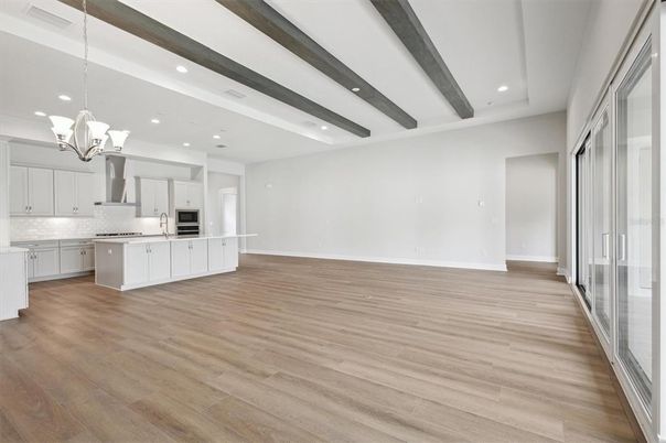 Chandelier, Interior, Kitchen, Pendant Lights, Recessed Lighting, Stainless Steel Appliances, Wooden Beams, Wood Texture Flooring
