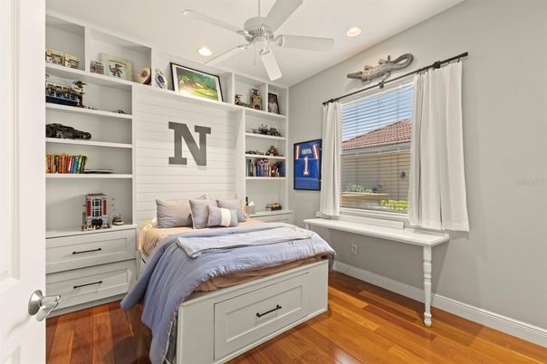 Bedroom, Interior, Recessed Lighting, Wood Texture Flooring