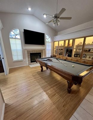 Billiard Table, Fireplace, Game Room, Interior, Recessed Lighting, Wood Texture Flooring
