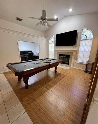 Billiard Table, Fireplace, Game Room, Interior, Recessed Lighting, Wood Texture Flooring