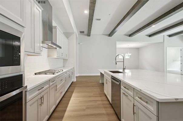 Interior, Kitchen, Recessed Lighting, Stainless Steel Appliances, Wooden Beams, Wood Texture Flooring