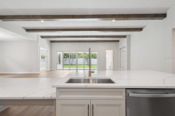 Interior, Kitchen, Recessed Lighting, Stainless Steel Appliances, Wooden Beams, Wood Texture Flooring