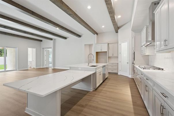 Interior, Kitchen, Recessed Lighting, Stainless Steel Appliances, Wooden Beams, Wood Texture Flooring