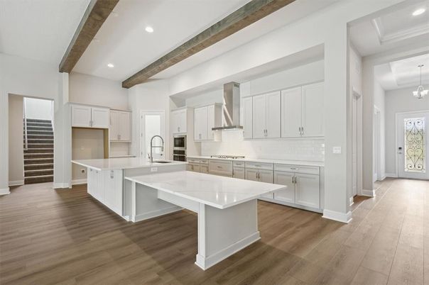 Interior, Kitchen, Pendant Lights, Recessed Lighting, Wooden Beams, Wood Texture Flooring