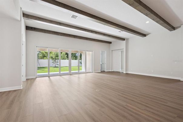 Empty room, Interior, Recessed Lighting, Wooden Beams, Wood Texture Flooring