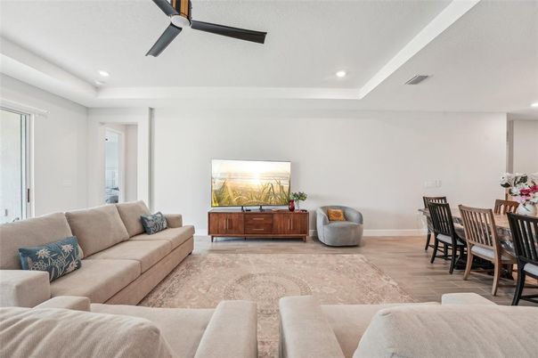 Dining room, Interior, Living room, Recessed Lighting, Wood Texture Flooring