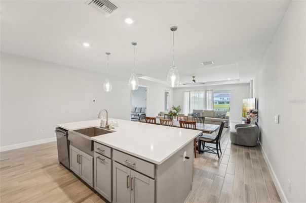 Dining room, Interior, Kitchen, Living room, Pendant Lights, Recessed Lighting, Wood Texture Flooring
