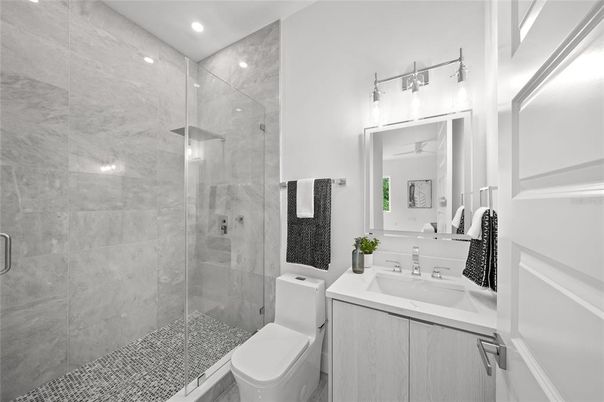 Bathroom, Glass Shower, Interior, Recessed Lighting