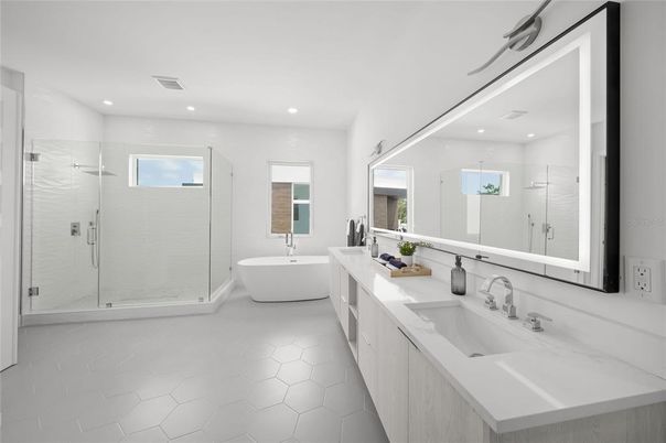 Bathroom, Dual Sink Vanities, Free Standing Baths, Glass Shower, Interior, Recessed Lighting