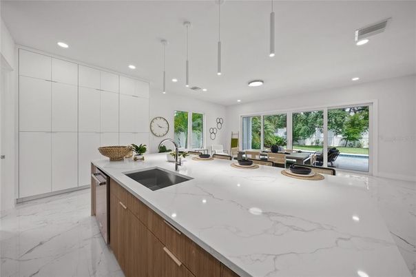 Interior, Kitchen, Marble, Pendant Lights, Recessed Lighting