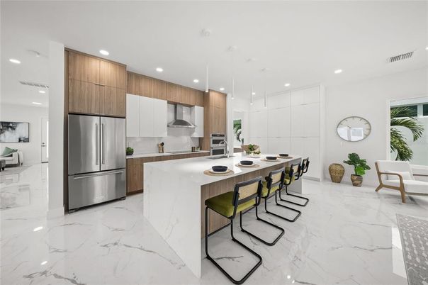 Interior, Kitchen, Marble, Pendant Lights, Recessed Lighting, Stainless Steel Appliances