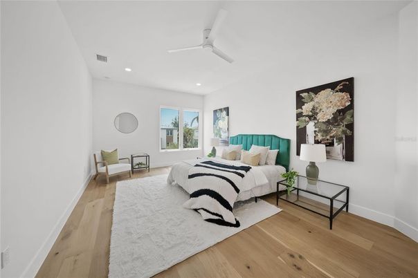 Bedroom, Interior, Recessed Lighting, Wood Texture Flooring