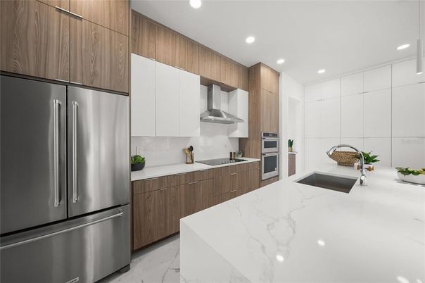 Interior, Kitchen, Marble, Recessed Lighting, Stainless Steel Appliances
