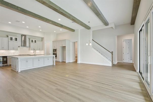 Empty room, Interior, Kitchen, Pendant Lights, Recessed Lighting, Wooden Beams, Wood Texture Flooring
