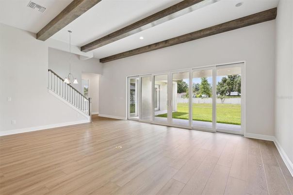 Empty room, Interior, Pendant Lights, Recessed Lighting, Wooden Beams, Wood Texture Flooring