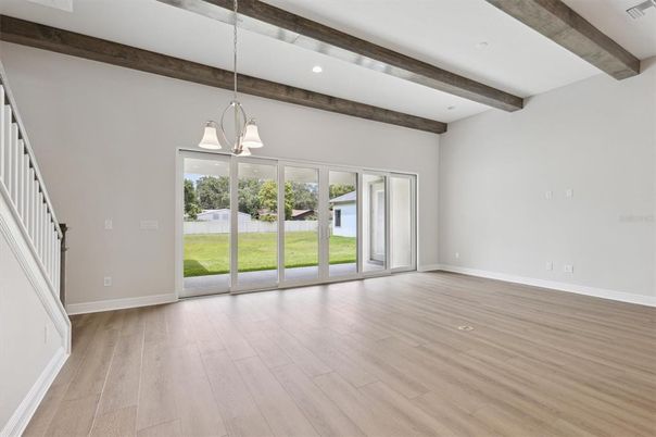 Chandelier, Empty room, Interior, Pendant Lights, Recessed Lighting, Wooden Beams, Wood Texture Flooring