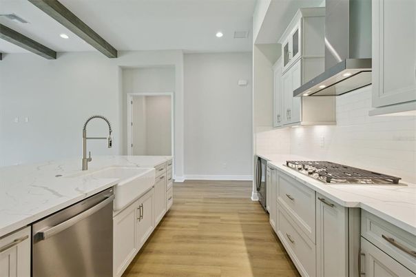 Interior, Kitchen, Recessed Lighting, Stainless Steel Appliances, Wooden Beams, Wood Texture Flooring