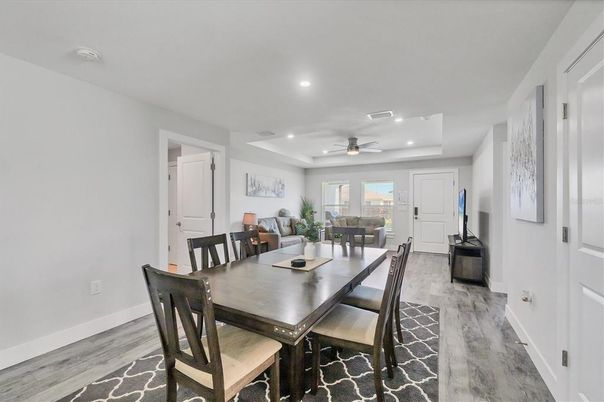 Dining room, Interior, Recessed Lighting, Wood Texture Flooring