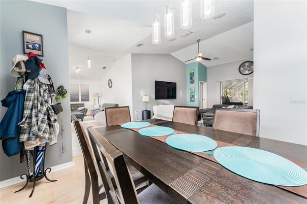 Dining room, Interior, Living room, Pendant Lights, Wood Texture Flooring