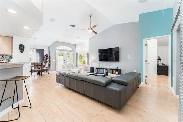Dining room, Interior, Living room, Pendant Lights, Recessed Lighting, Wood Texture Flooring