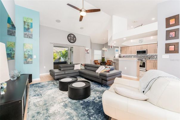Interior, Kitchen, Living room, Recessed Lighting, Stainless Steel Appliances, Wood Texture Flooring