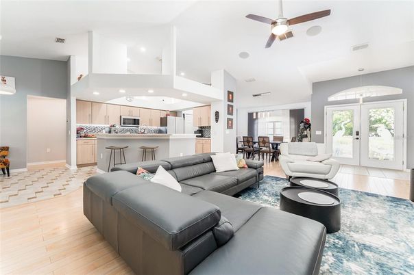 Dining room, Interior, Kitchen, Living room, Pendant Lights, Recessed Lighting, Wood Texture Flooring