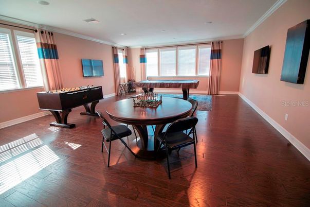 Billiard Table, Dining room, Game Room, Interior, Recessed Lighting, Wood Texture Flooring