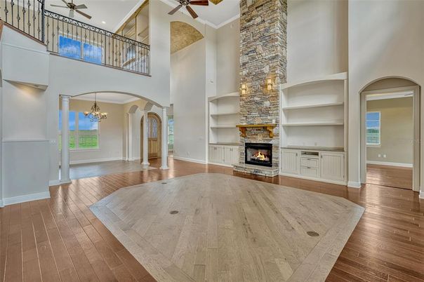 Chandelier, Fireplace, Interior, Wood Texture Flooring