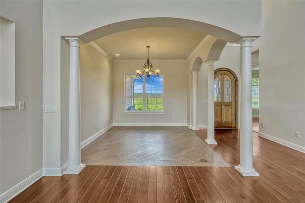 Chandelier, Empty room, Interior, Recessed Lighting, Wood Texture Flooring