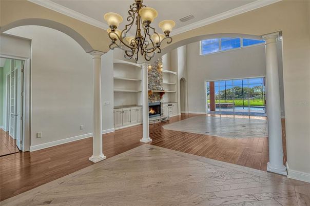 Chandelier, Fireplace, Interior, Wood Texture Flooring