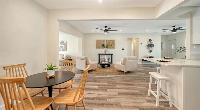 Dining room, Interior, Living room, Recessed Lighting, Wood Texture Flooring