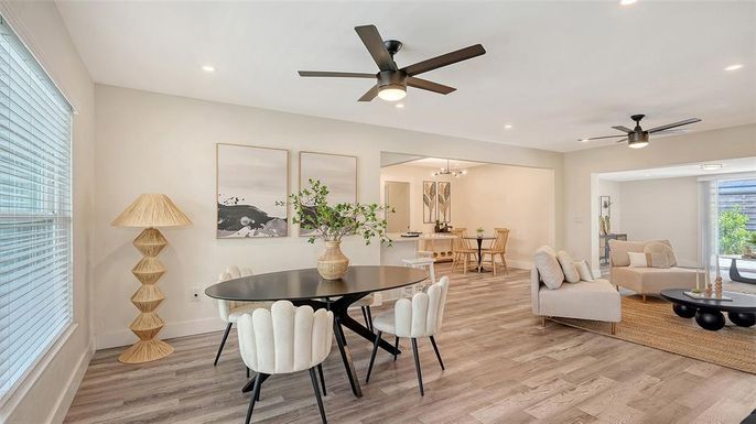 Dining room, Interior, Living room, Recessed Lighting, Wood Texture Flooring