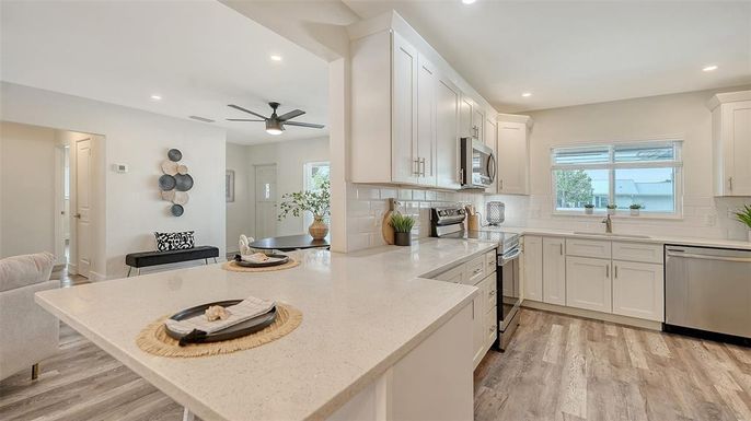 Interior, Kitchen, Recessed Lighting, Stainless Steel Appliances, Wood Texture Flooring